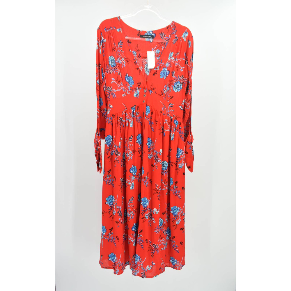 SugarLips Button Front V-Neck Long Sleeve Midi Dress Womens M Red Floral Crepe